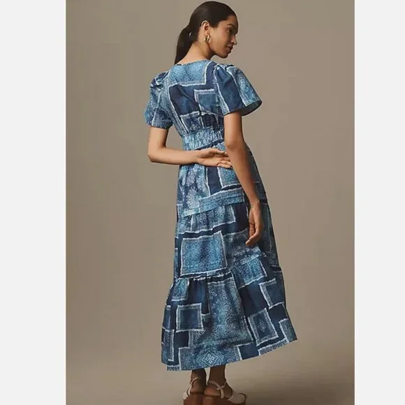 Anthropologie The Somerset Maxi Dress Cotton Bandana Patchwork Print Blue L NWT